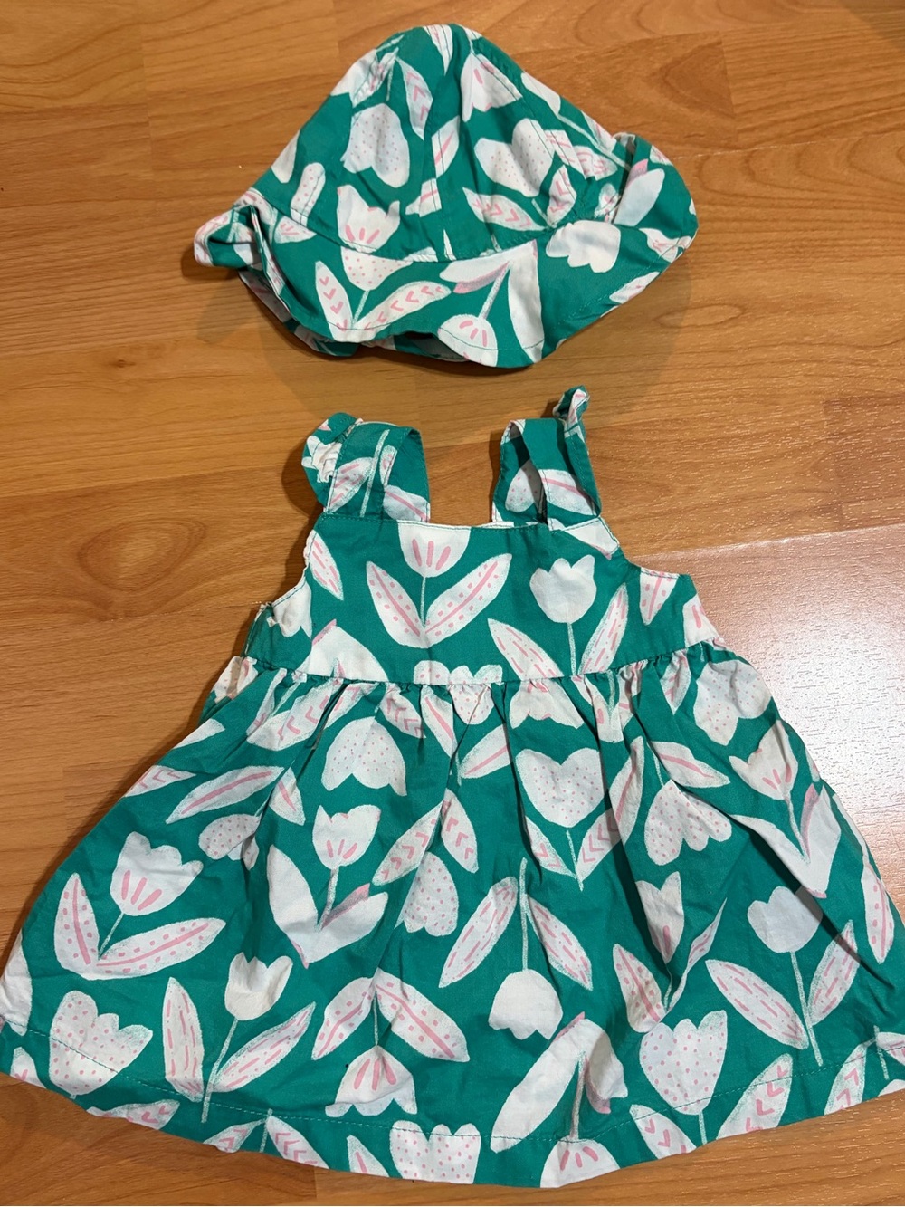 Carter's LIKE NEW Teal Green Floral Baby Dress & Hat Set Infant Size 3 months